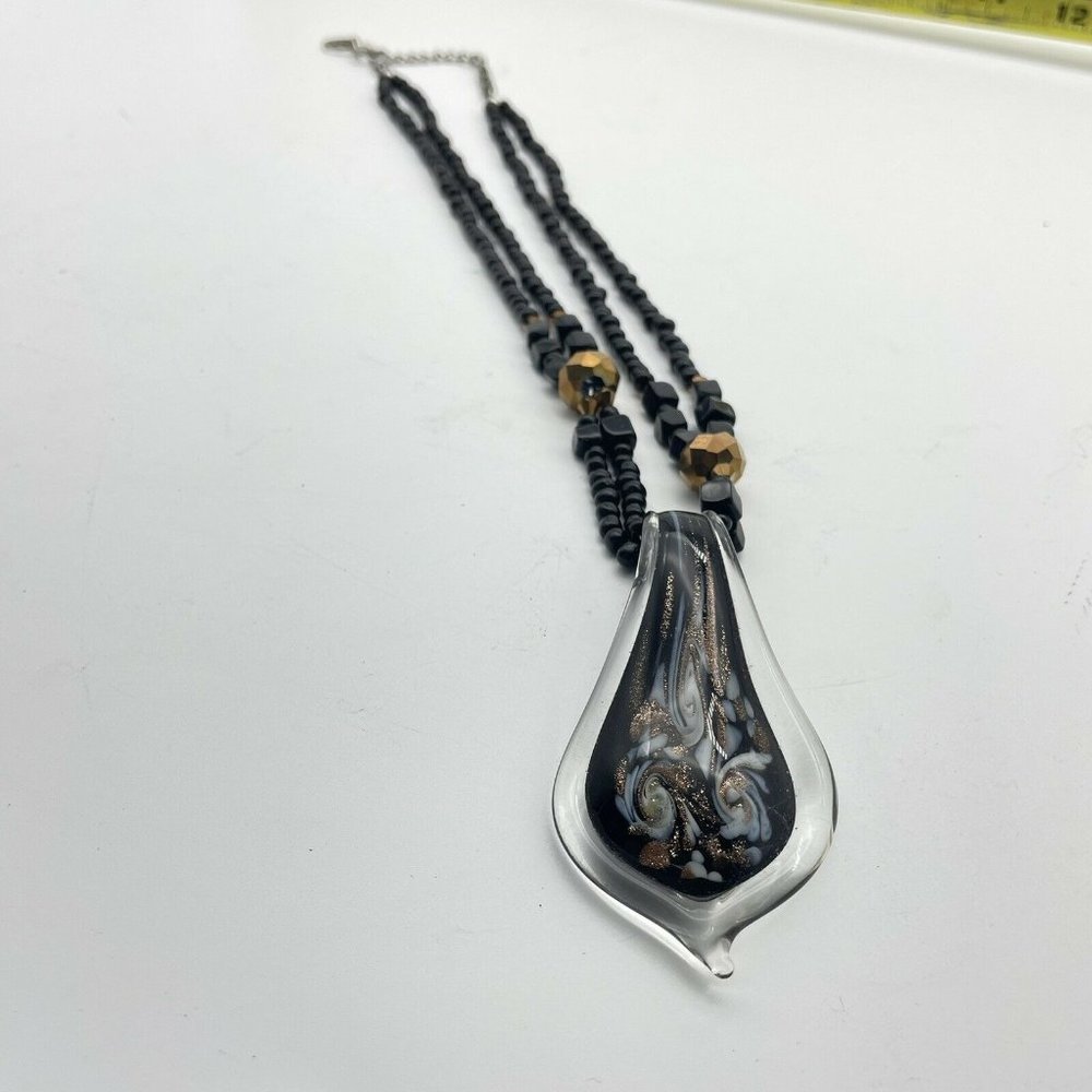 EL Signed Double Strand Black Beaded Necklace with Fused Dichroic Glass Teardrop